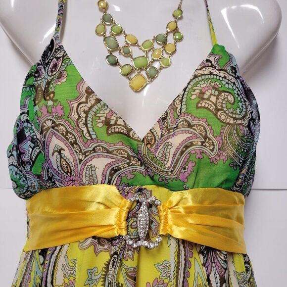 𝅺LONG Yellow Green Spaghetti Strap Polyester Gown- NWOT - Picture 5 of 14